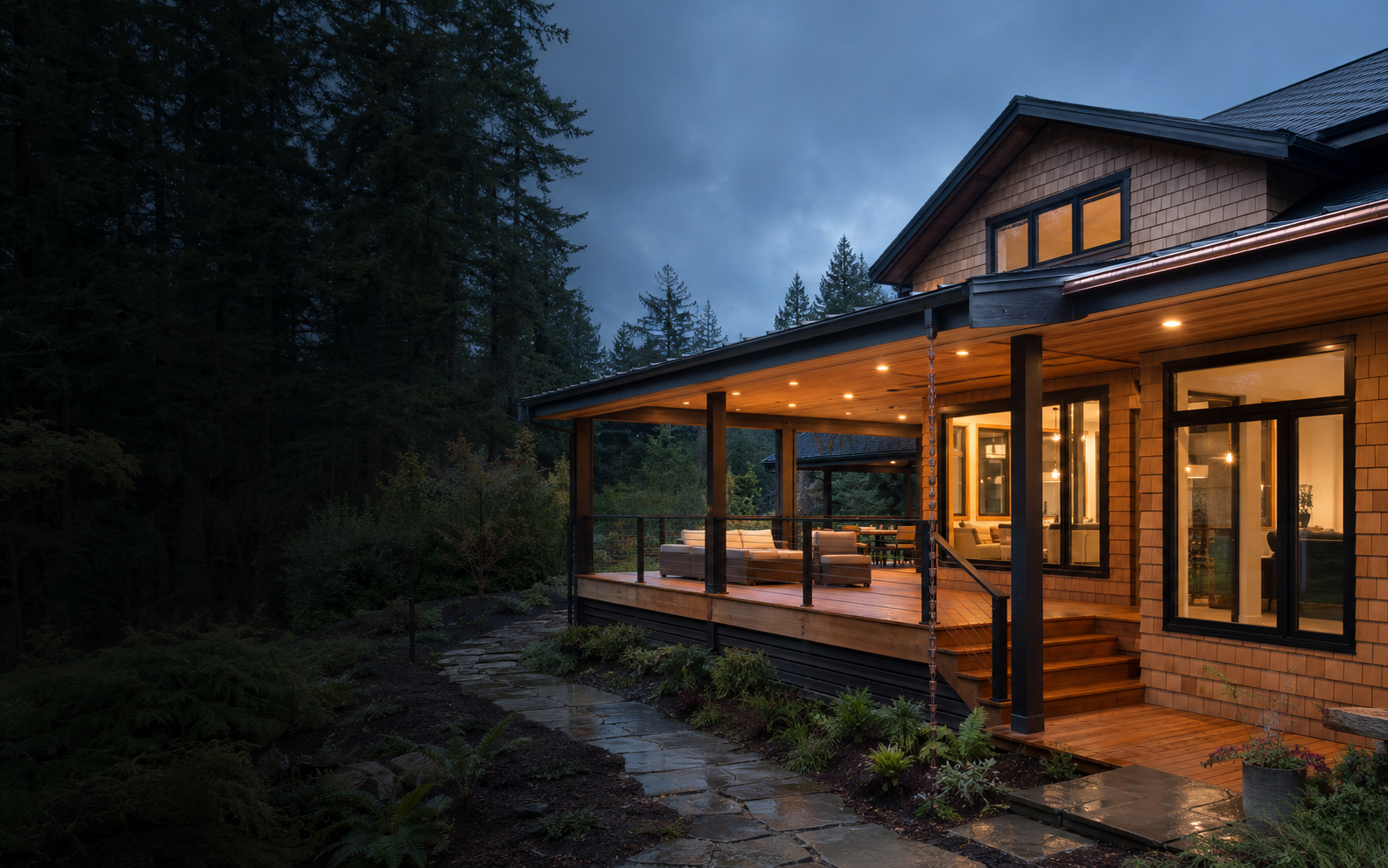 A refined Pacific Northwest home addition opening to a covered cedar deck